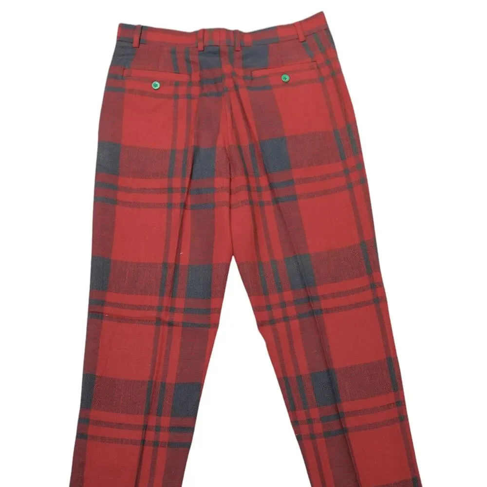 Mens 32 Red Gray Plaid Cotton Pants Straight Fit Flat Front Dress Trousers NWT
